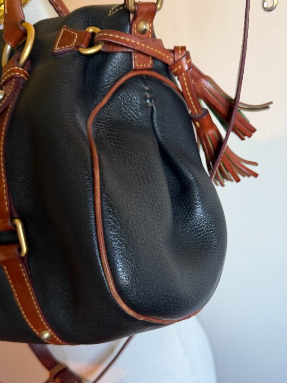 Dooney & Bourke Vintage Pebble Leather Satchel Bag | Black/Tan - Picture 9 of 16